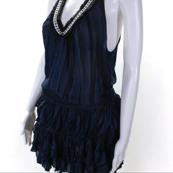 POUPETTE ST BARTH Beline Navy Deep Fringe V-Neck Slim Ruffle Mini Dress - Picture 14 of 15
